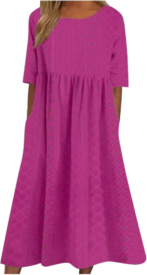 Long Summer Dresses for Women 2024 Jacquard Short Sleeve Rundneck Waist Solid Pleated Dress House Dresses for Women