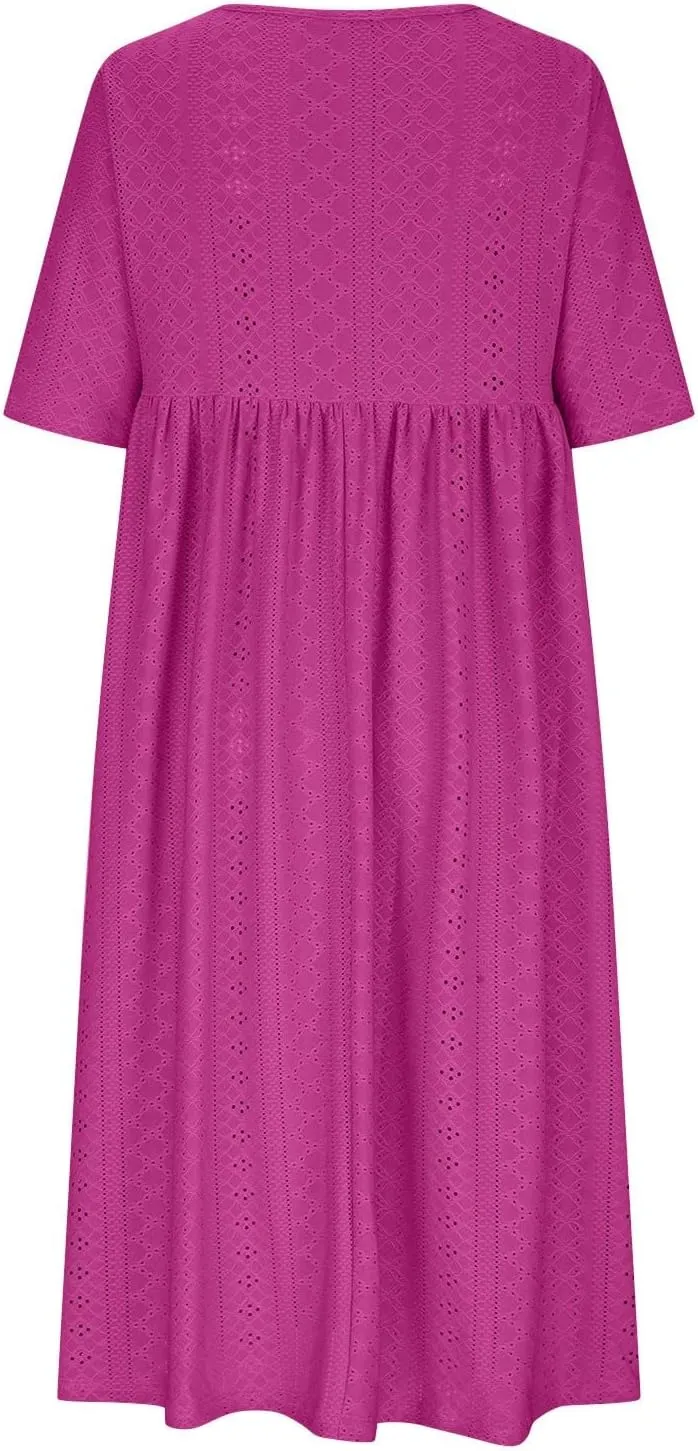 Long Summer Dresses for Women 2024 Jacquard Short Sleeve Rundneck Waist Solid Pleated Dress House Dresses for Women