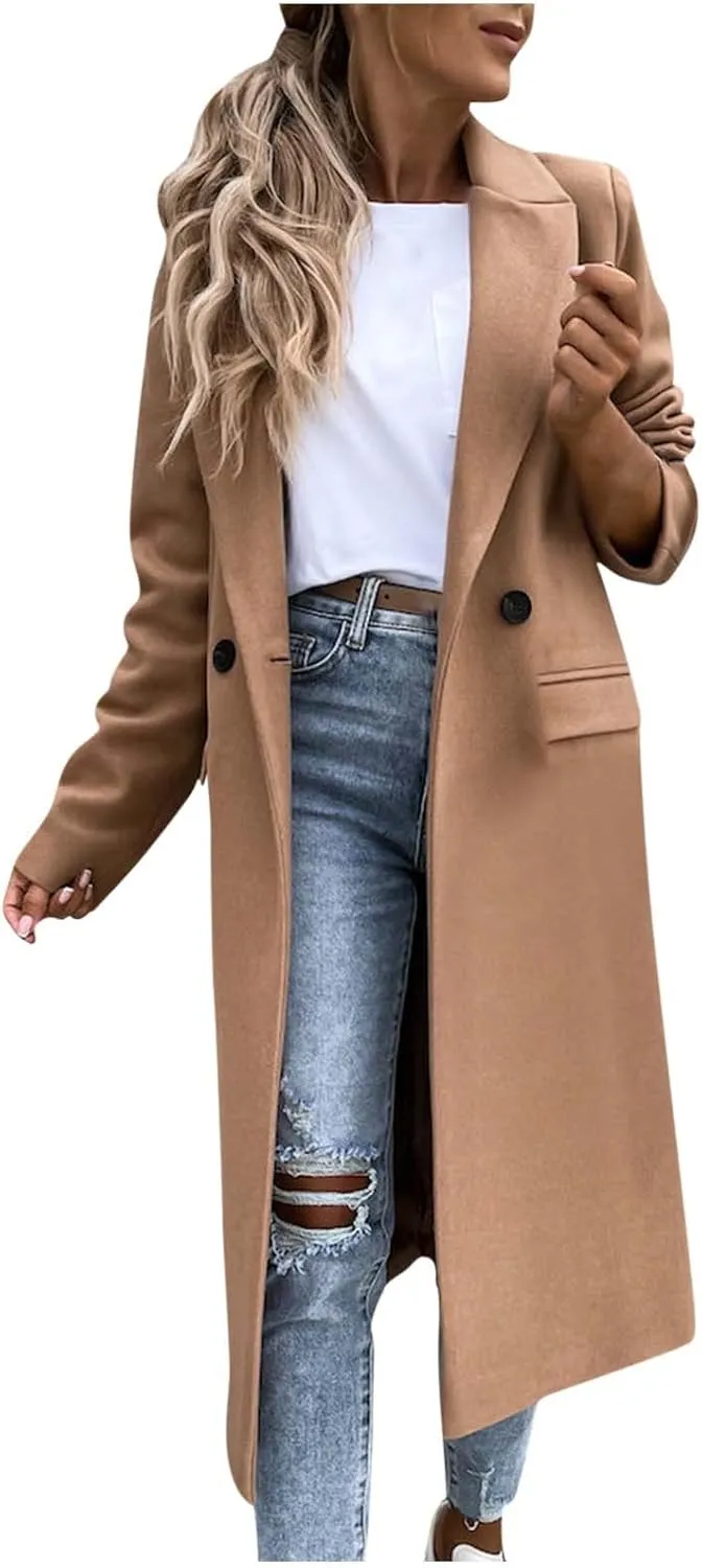 Long Trench Coats for Women Winter Jacket with Pocket Wool Blend Peacoat Notched Lapel Single Coats