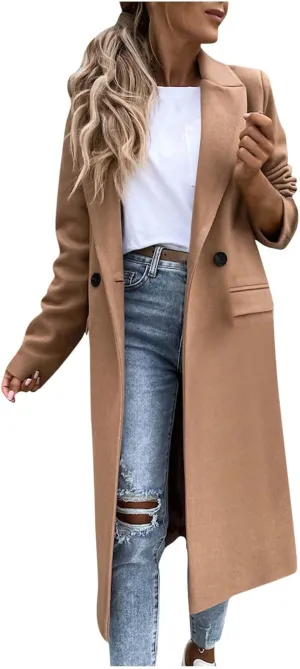 Long Trench Coats for Women Winter Jacket with Pocket Wool Blend Peacoat Notched Lapel Single Coats