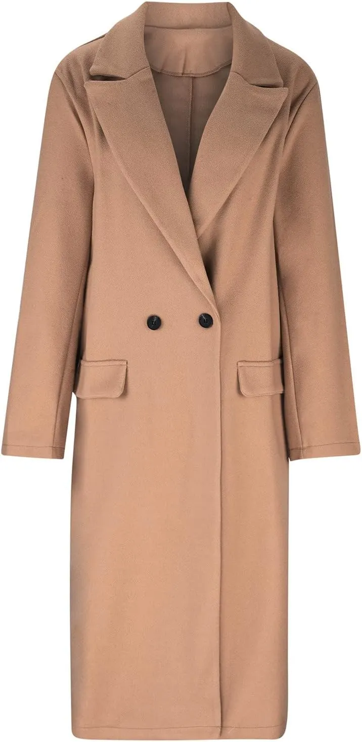 Long Trench Coats for Women Winter Jacket with Pocket Wool Blend Peacoat Notched Lapel Single Coats