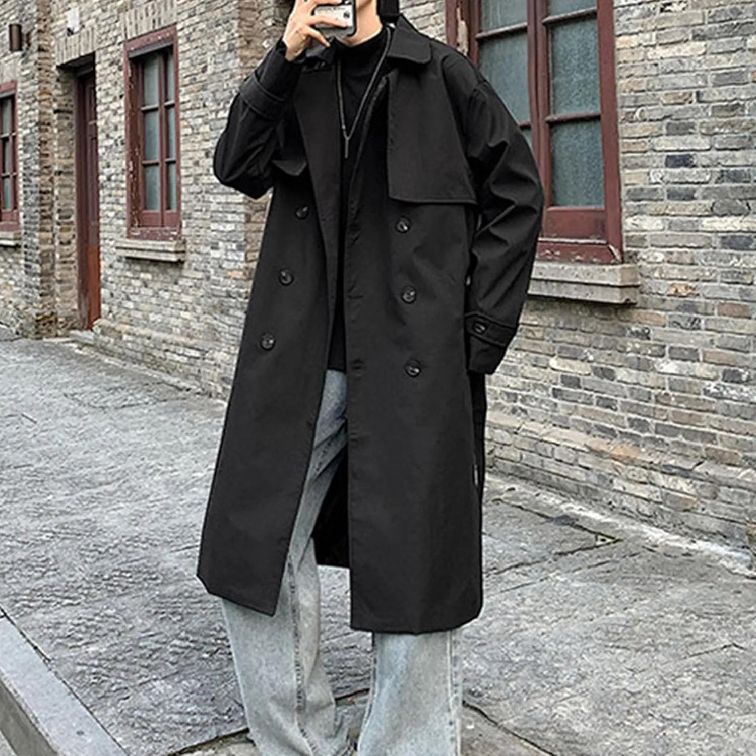Man's Double Breasted Trench Coat Oversized Casual Windbreaker Casual Lapel Long Jacket Overcoat