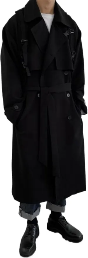 Man's Double Breasted Trench Coat Oversized Casual Windbreaker Casual Lapel Long Jacket Overcoat