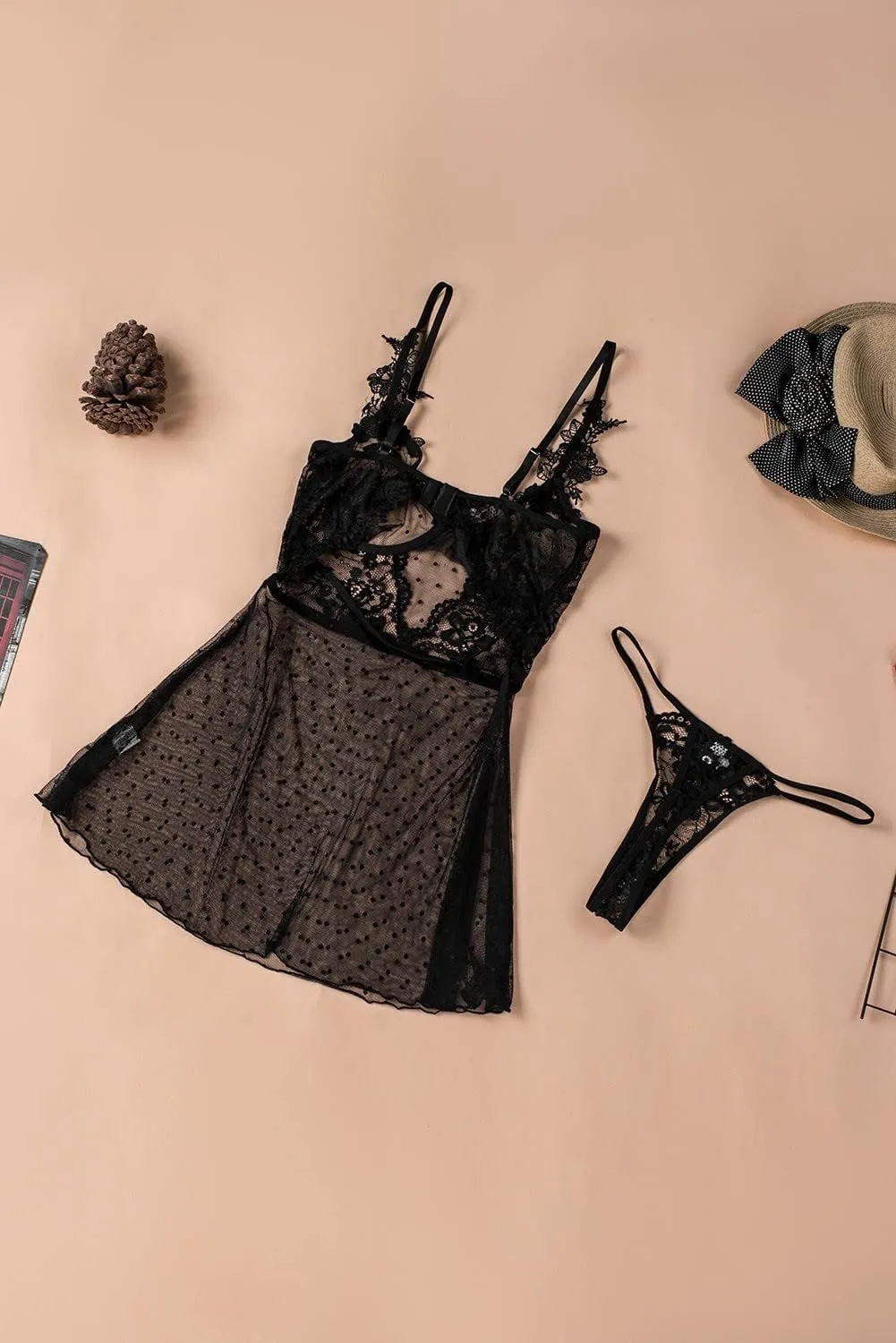 MARZXIN Womens Sexy Babydolls and Chemises Black Polka Dot Print Mesh Lace Babydoll Set Bralettes