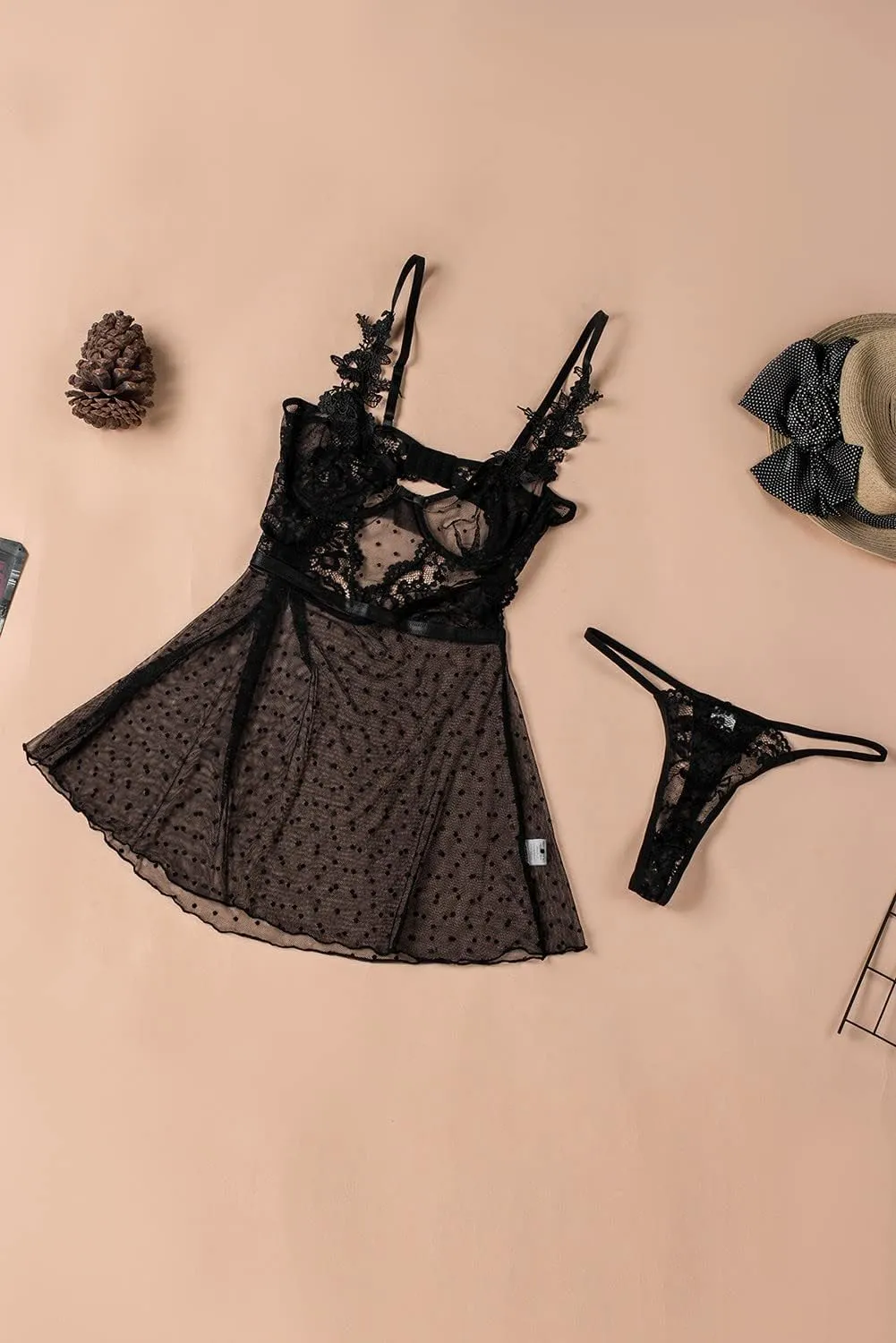 MARZXIN Womens Sexy Babydolls and Chemises Black Polka Dot Print Mesh Lace Babydoll Set Bralettes