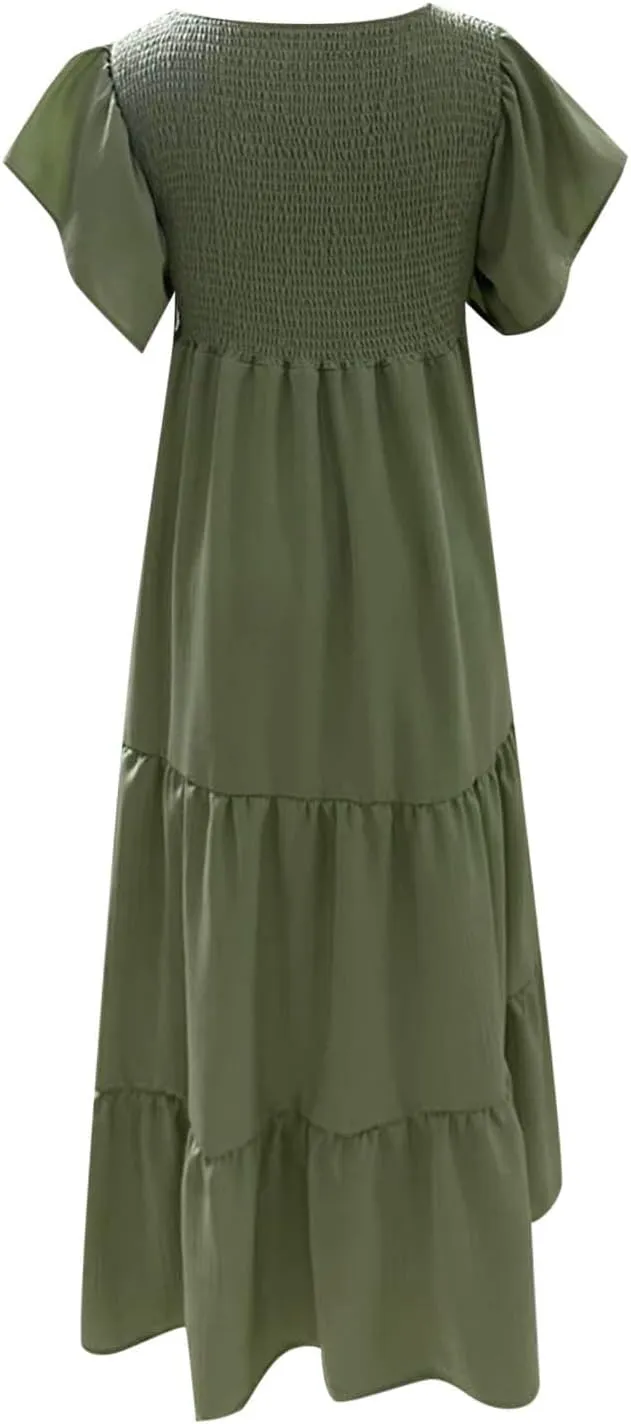 Maternity Summer Short Sleeve Loose Swing Dress Solid Color Elastic Long Skirt of Dresses Plus