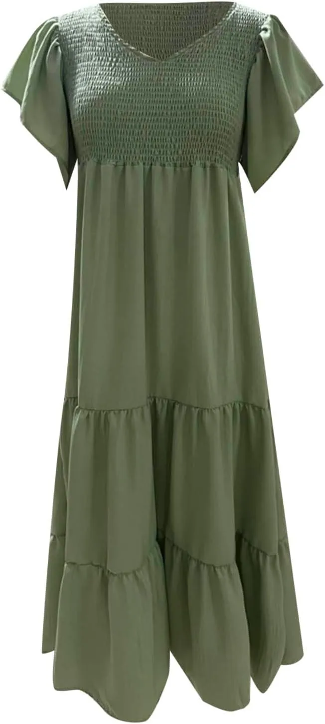Maternity Summer Short Sleeve Loose Swing Dress Solid Color Elastic Long Skirt of Dresses Plus