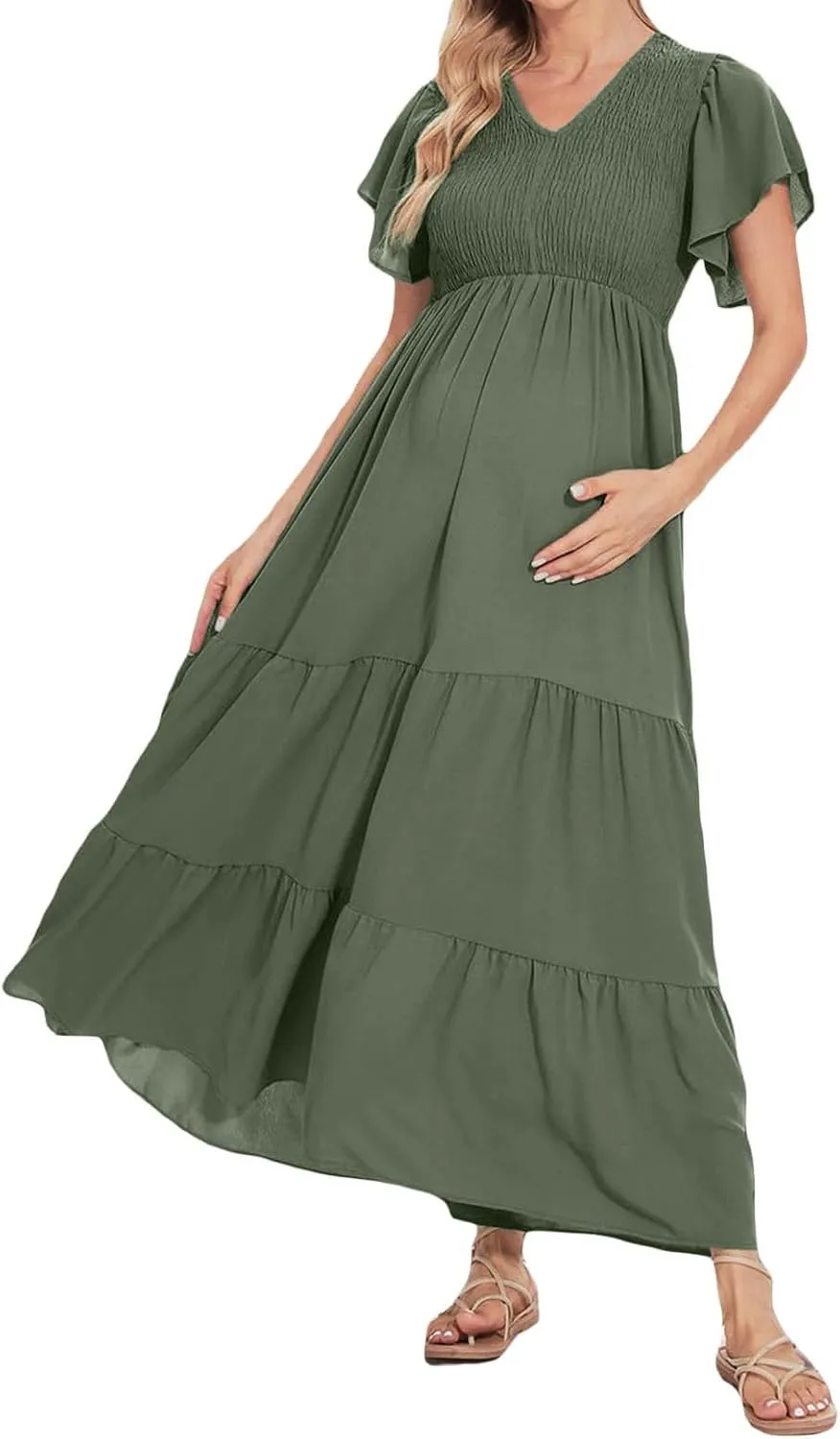 Maternity Summer Short Sleeve Loose Swing Dress Solid Color Elastic Long Skirt of Dresses Plus