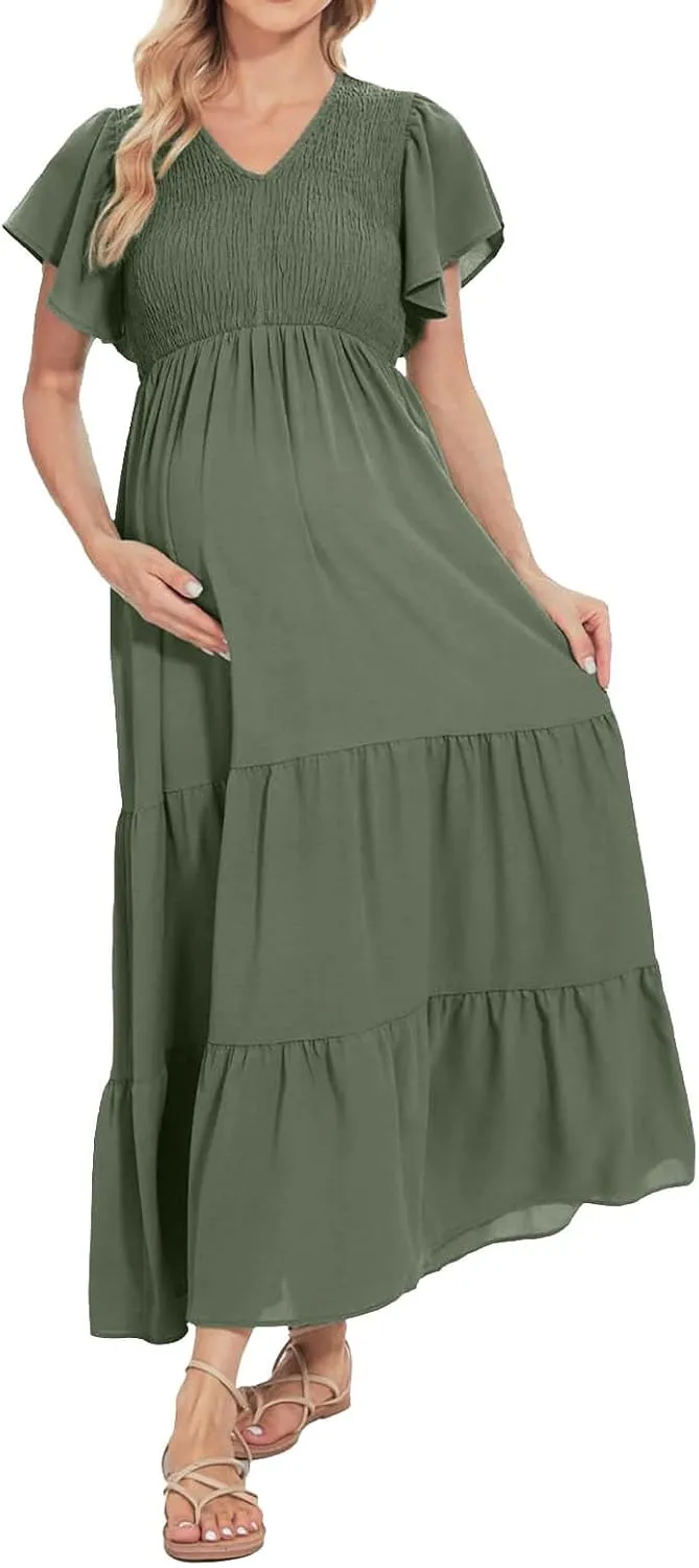 Maternity Summer Short Sleeve Loose Swing Dress Solid Color Elastic Long Skirt of Dresses Plus