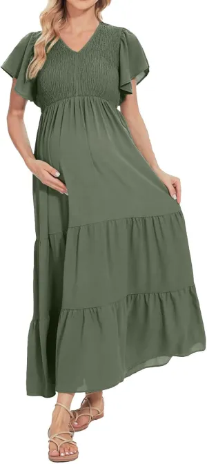 Maternity Summer Short Sleeve Loose Swing Dress Solid Color Elastic Long Skirt of Dresses Plus