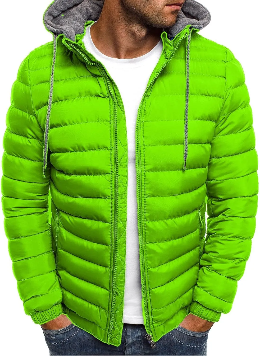 Men Puffer Hooded Jackets Winter Coats Zip Up Jacket Quilted Padded Overcoat Warm Down Outwear Drawstring Pocket Coat