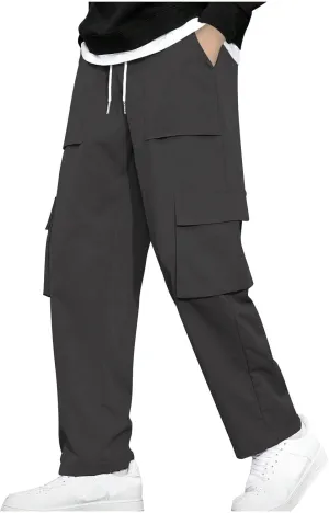 Men Work Pants Elastic Waist Cargo Pants Straight Leg Chino Track Pants Drawstring Athletic Pants with Multi-Pockets