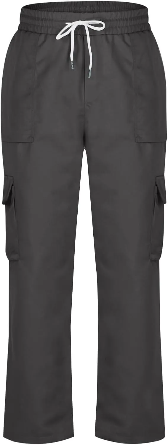 Men Work Pants Elastic Waist Cargo Pants Straight Leg Chino Track Pants Drawstring Athletic Pants with Multi-Pockets