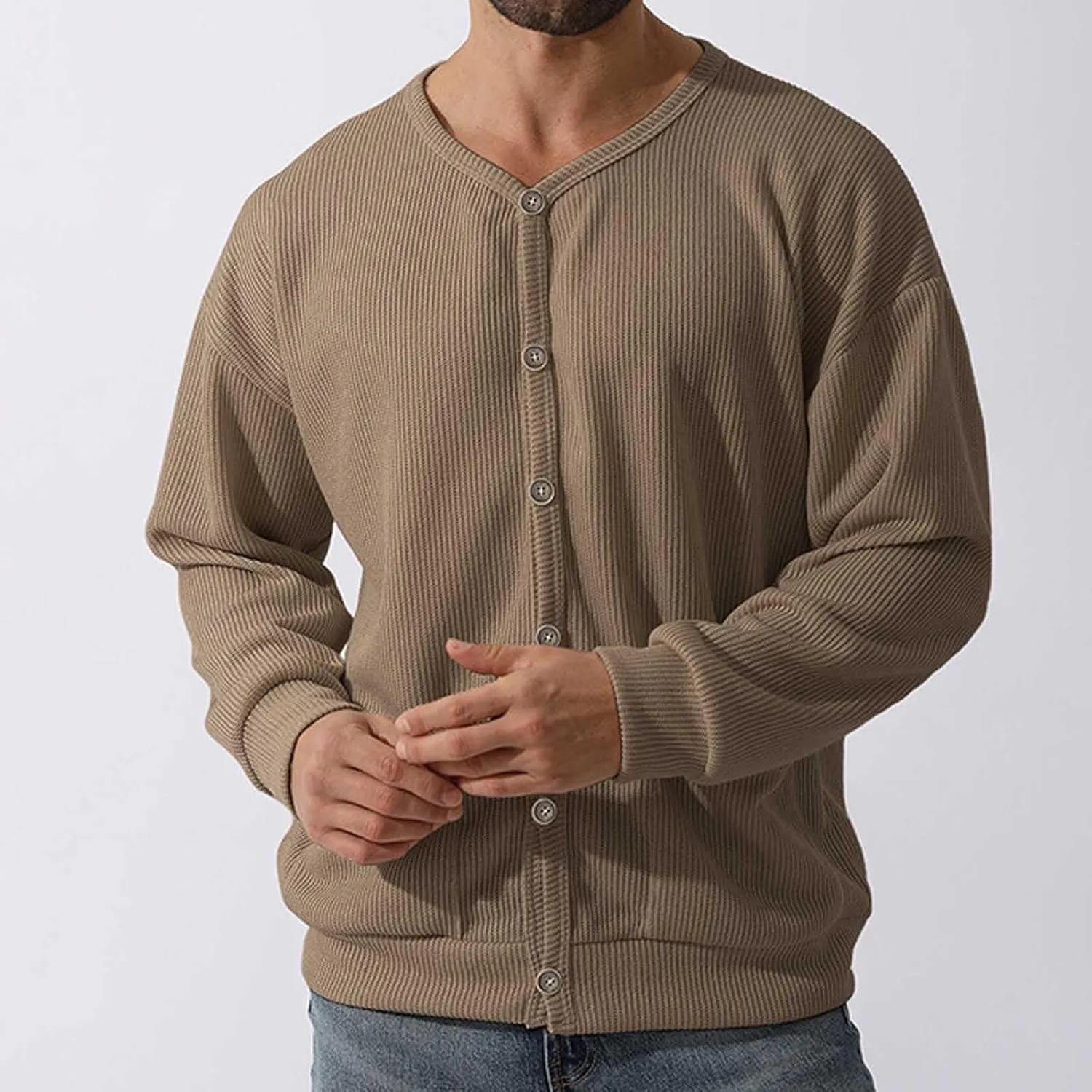 Men's Cotton Shawl-Collar Cardigan Sweater Long Sleeve Crewneck Button Down Outerwear Sweater Coat with Pockets