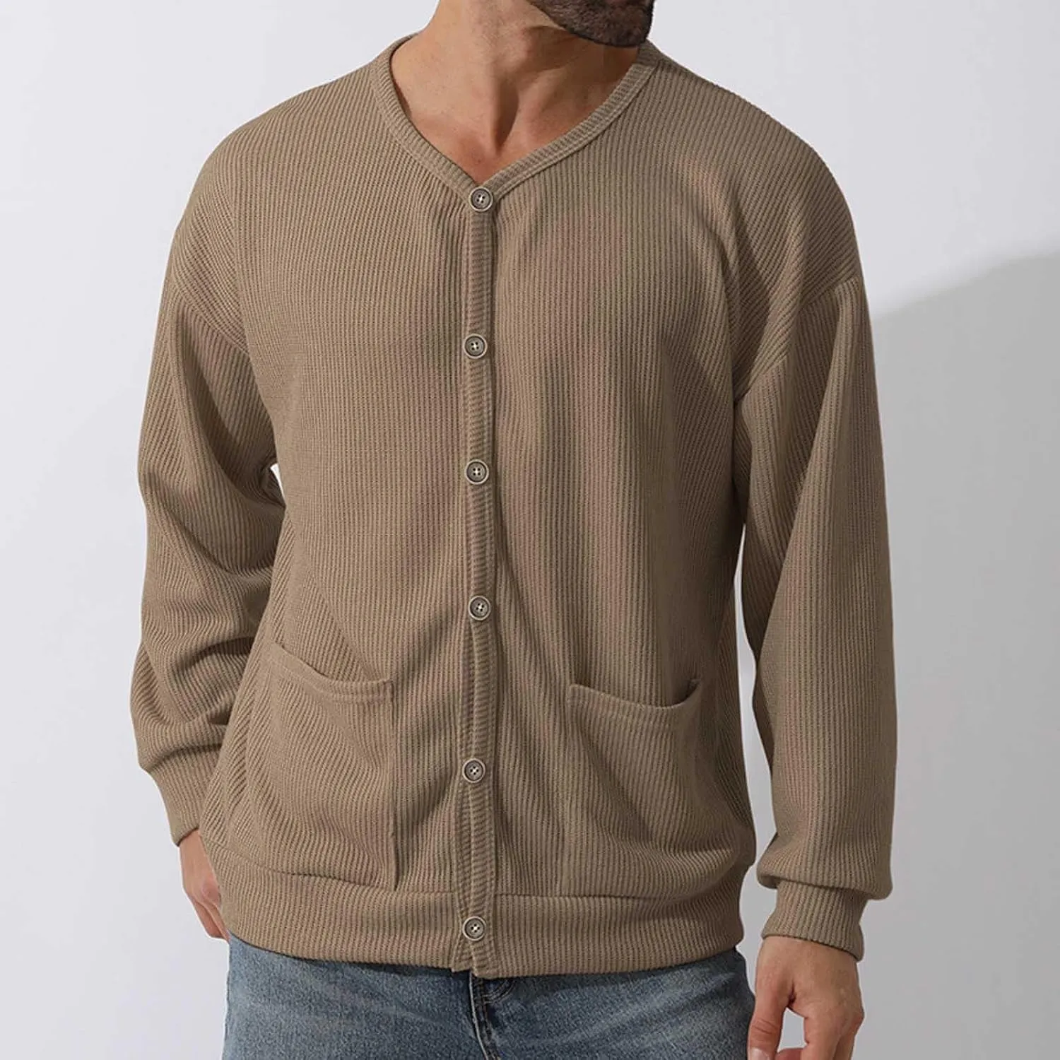 Men's Cotton Shawl-Collar Cardigan Sweater Long Sleeve Crewneck Button Down Outerwear Sweater Coat with Pockets