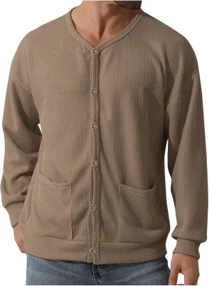 Men's Cotton Shawl-Collar Cardigan Sweater Long Sleeve Crewneck Button Down Outerwear Sweater Coat with Pockets