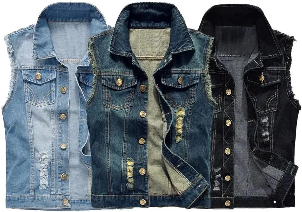 Mens Denim Vests Ripped Sleeveless Jeans Jacket Cowboy Hip Hop Rivet Stretchy Distressed Vest