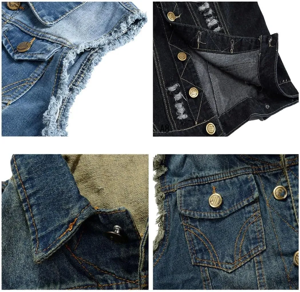 Mens Denim Vests Ripped Sleeveless Jeans Jacket Cowboy Hip Hop Rivet Stretchy Distressed Vest
