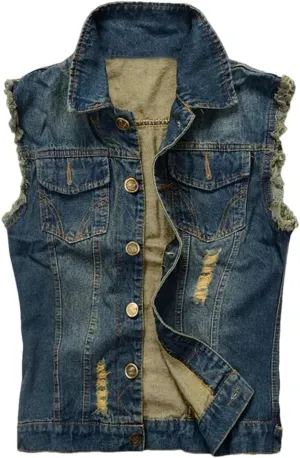Mens Denim Vests Ripped Sleeveless Jeans Jacket Cowboy Hip Hop Rivet Stretchy Distressed Vest