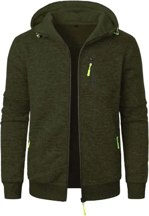 Mens Knitted Outerwear Sports Fitness Casual Jacket Hooded Full Zip Up Windproof Coat with Pockets for Outdoor
