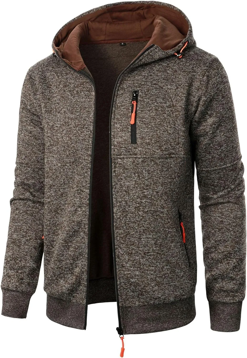 Mens Knitted Outerwear Sports Fitness Casual Jacket Hooded Full Zip Up Windproof Coat with Pockets for Outdoor