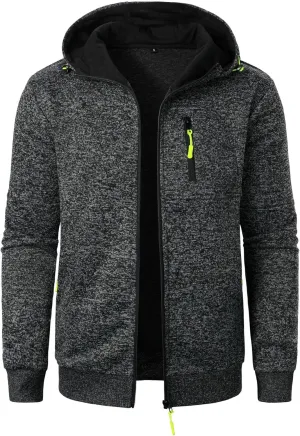 Mens Knitted Outerwear Sports Fitness Casual Jacket Hooded Full Zip Up Windproof Coat with Pockets for Outdoor