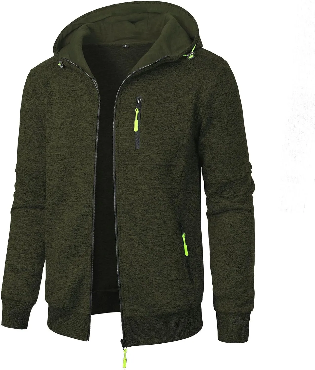 Mens Knitted Outerwear Sports Fitness Casual Jacket Hooded Full Zip Up Windproof Coat with Pockets for Outdoor