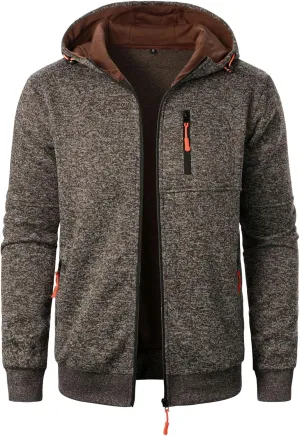 Mens Knitted Outerwear Sports Fitness Casual Jacket Hooded Full Zip Up Windproof Coat with Pockets for Outdoor