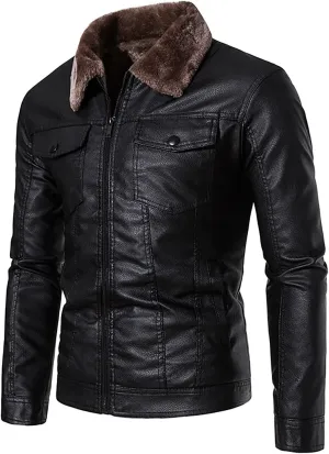 Mens Leather Jacket Fall Winter Vintage Motorcycle Biker Jacket Fur Collar Full Zip Up Thick Heavyweight Hoodie