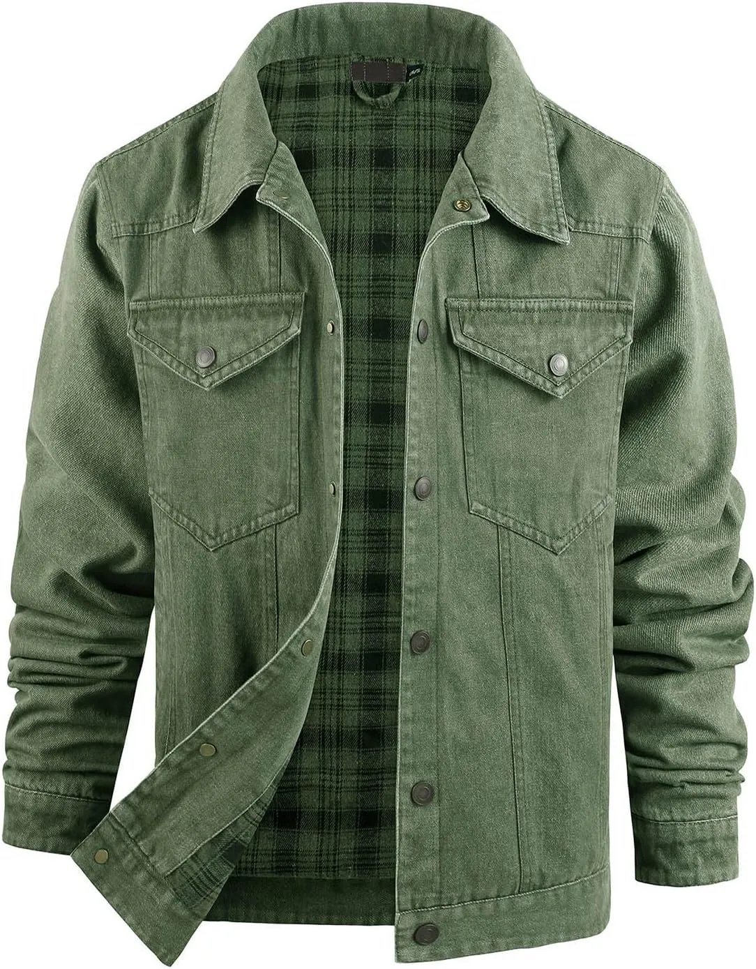 Mens Plaid Lined Denim Jackets Fashion Button Down Jean Outerwear Long Sleeve Trucker Jacket Casual Denim Coat