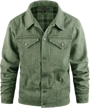 Mens Plaid Lined Denim Jackets Fashion Button Down Jean Outerwear Long Sleeve Trucker Jacket Casual Denim Coat