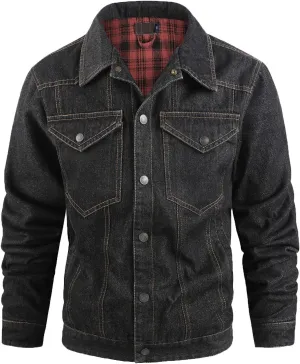 Mens Plaid Lined Denim Jackets Fashion Button Down Jean Outerwear Long Sleeve Trucker Jacket Casual Denim Coat