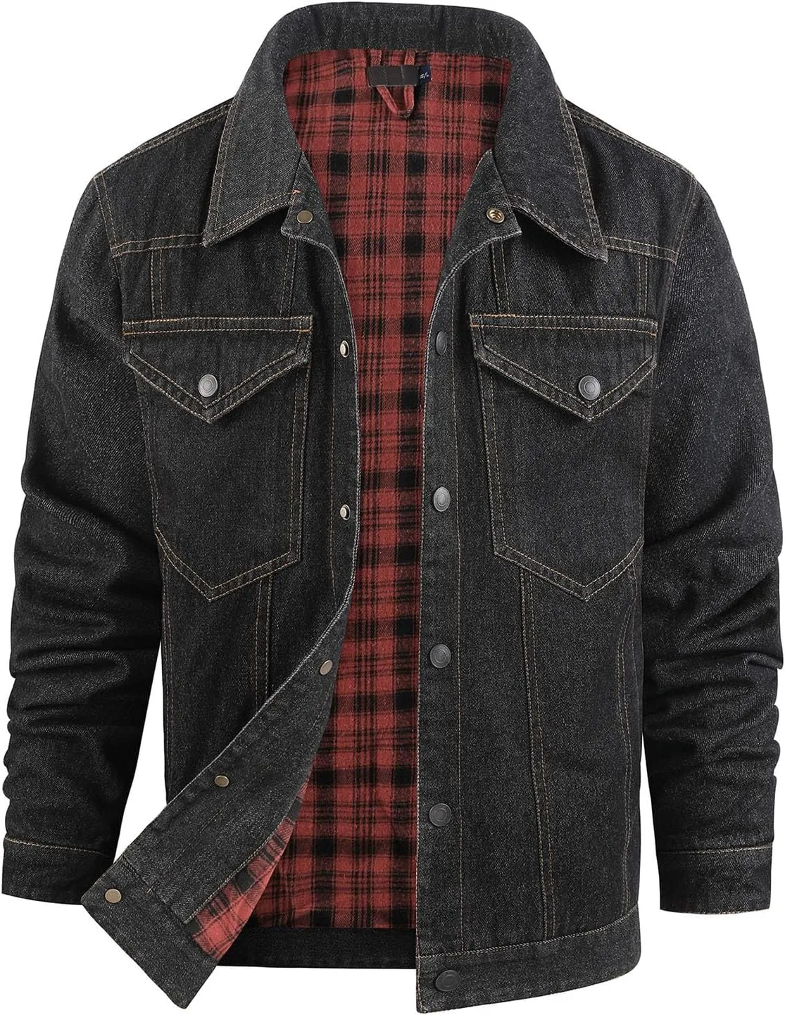 Mens Plaid Lined Denim Jackets Fashion Button Down Jean Outerwear Long Sleeve Trucker Jacket Casual Denim Coat