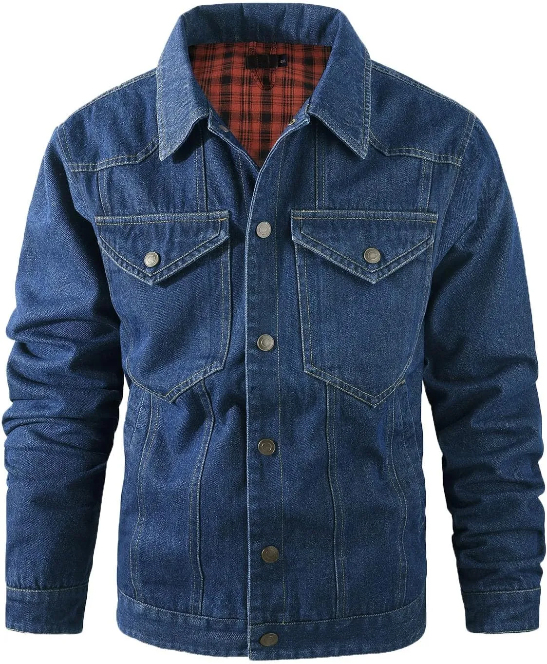 Mens Plaid Lined Denim Jackets Fashion Button Down Jean Outerwear Long Sleeve Trucker Jacket Casual Denim Coat
