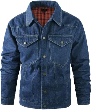 Mens Plaid Lined Denim Jackets Fashion Button Down Jean Outerwear Long Sleeve Trucker Jacket Casual Denim Coat