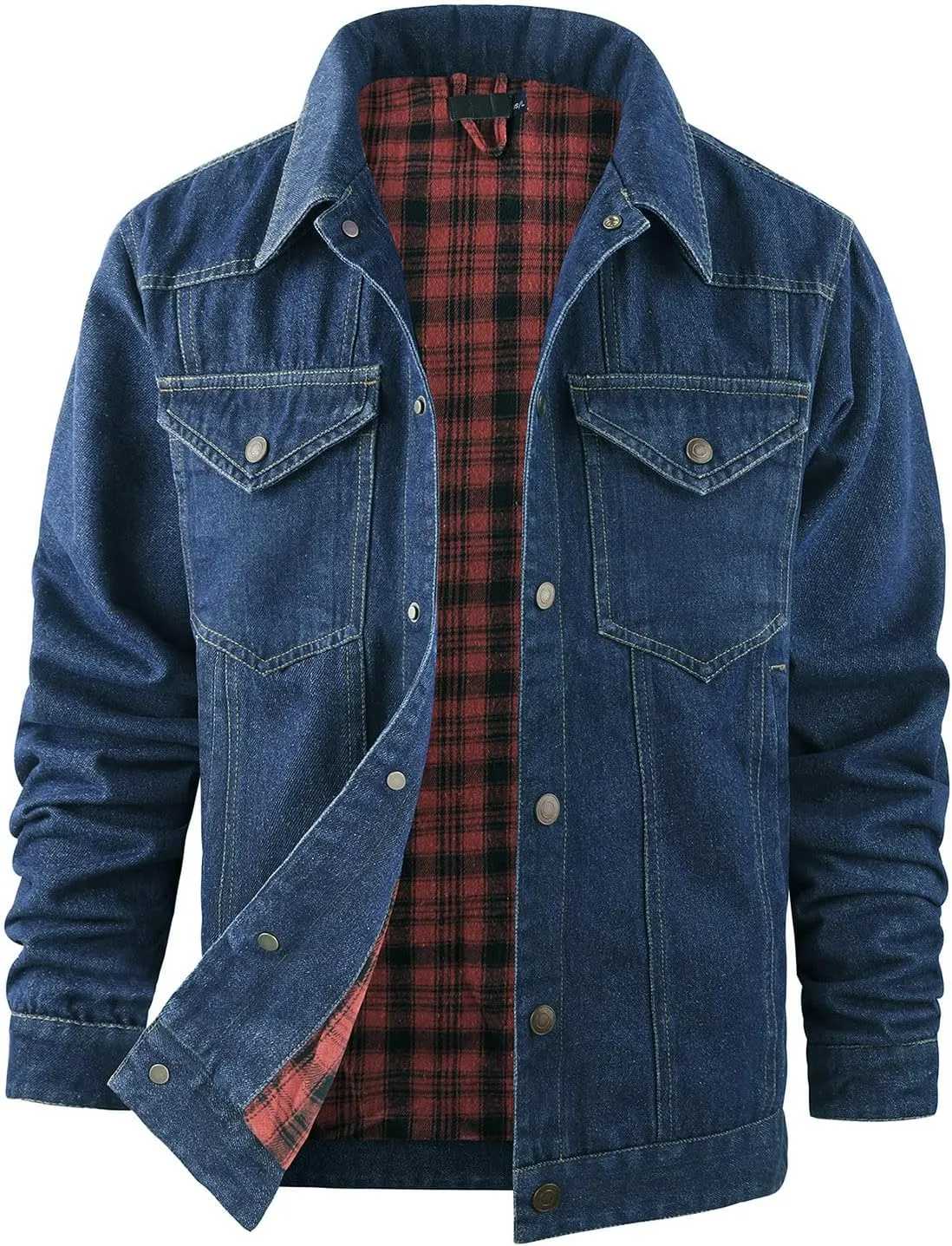 Mens Plaid Lined Denim Jackets Fashion Button Down Jean Outerwear Long Sleeve Trucker Jacket Casual Denim Coat
