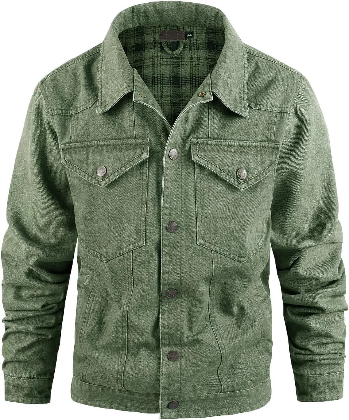 Mens Plaid Lined Denim Jackets Fashion Button Down Jean Outerwear Long Sleeve Trucker Jacket Casual Denim Coat