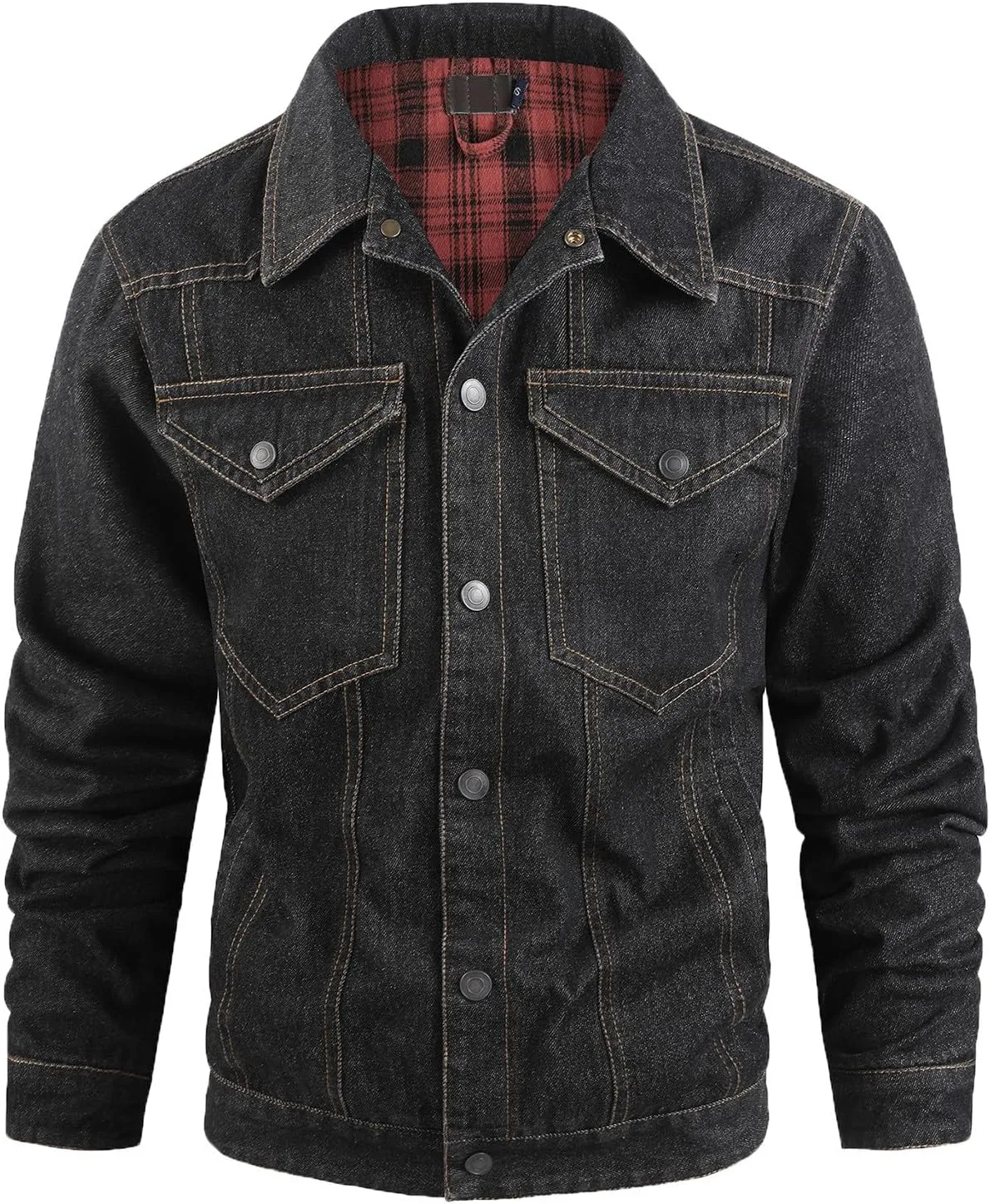 Mens Plaid Lined Denim Jackets Fashion Button Down Jean Outerwear Long Sleeve Trucker Jacket Casual Denim Coat