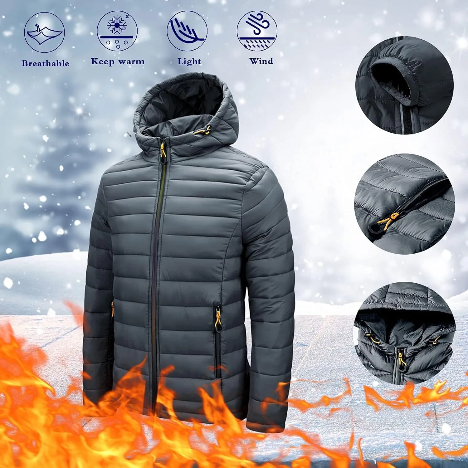 Mens Puffer Jacket with Hood Lightweight Slim Fit Jacket Long Sleeve Zip Up Hoodie Quilted Down Coat Winter Outwear
