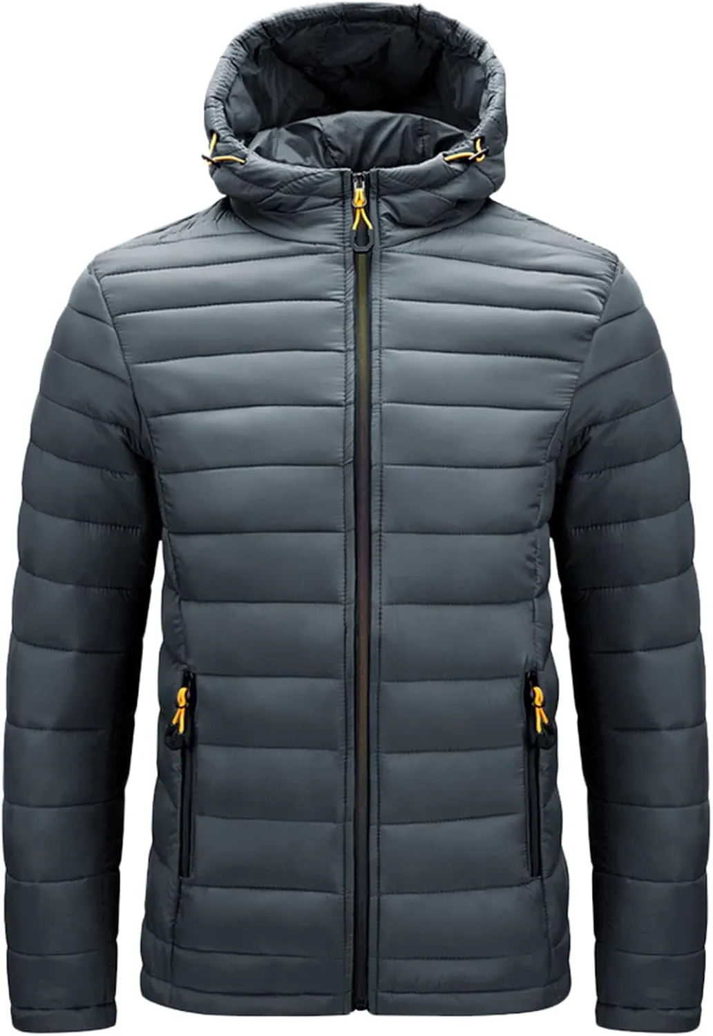 Mens Puffer Jacket with Hood Lightweight Slim Fit Jacket Long Sleeve Zip Up Hoodie Quilted Down Coat Winter Outwear
