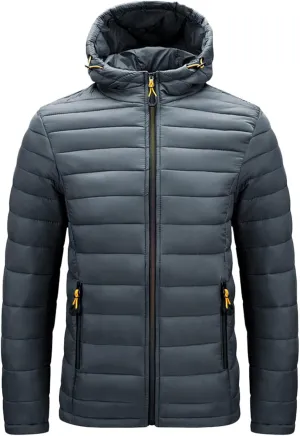Mens Puffer Jacket with Hood Lightweight Slim Fit Jacket Long Sleeve Zip Up Hoodie Quilted Down Coat Winter Outwear