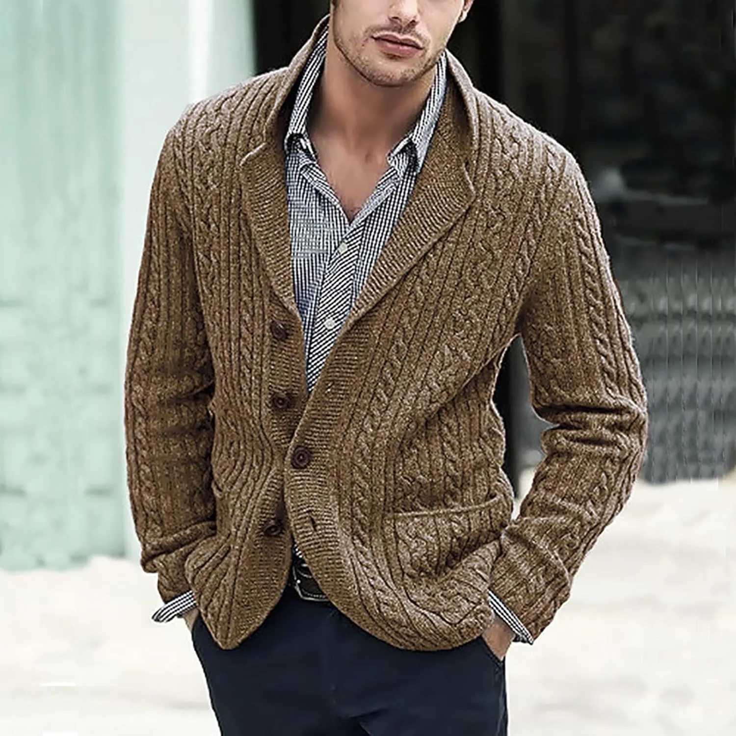 Men's Shawl Collar Cardigan Sweater Slim Fit Cable Knit Button Up Sweater with Pockets Men Workout Outfits