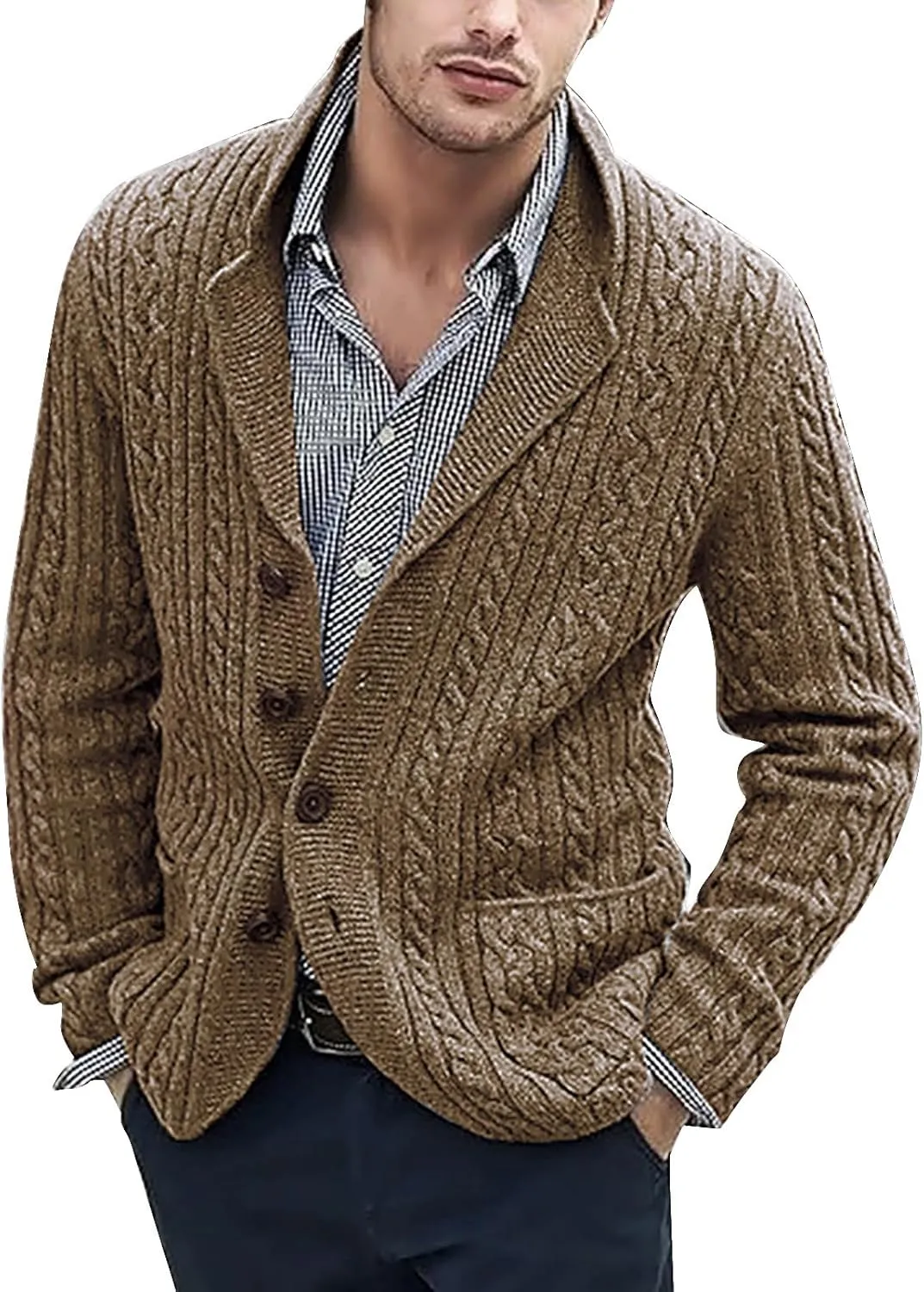 Men's Shawl Collar Cardigan Sweater Slim Fit Cable Knit Button Up Sweater with Pockets Men Workout Outfits