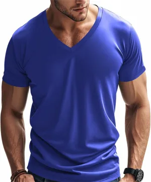 Mens Short Sleeve V Neck Muscle Slim T Shirt V-Neck Stretch Bodybuilding Shirt Soft Comfy Collarless Summer Tops