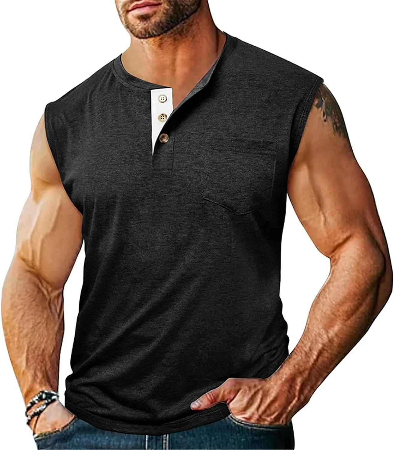 Mens Slim Fit Muscle Tank Tops Sleeveless Round Neck Workout Gym Big and Tall Button up Henley Shirt Casual Basic