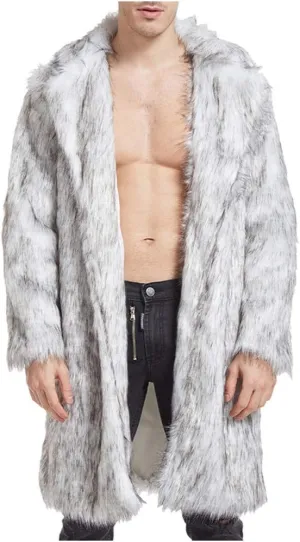Men's Winter Faux Fur Coats Turn-Down Collar Long Jackets Warm Overcoat Open Front Furry Outerwear with Pockets