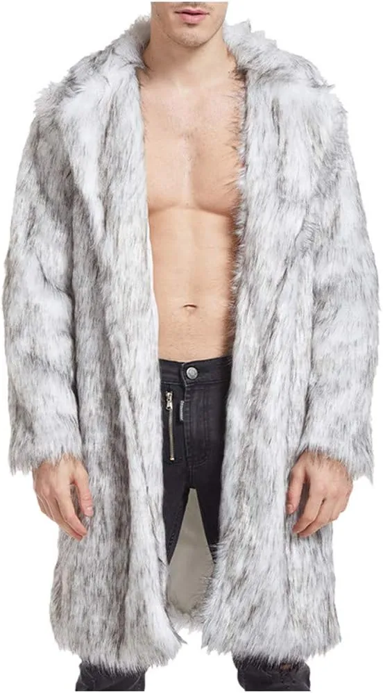 Men's Winter Faux Fur Coats Turn-Down Collar Long Jackets Warm Overcoat Open Front Furry Outerwear with Pockets