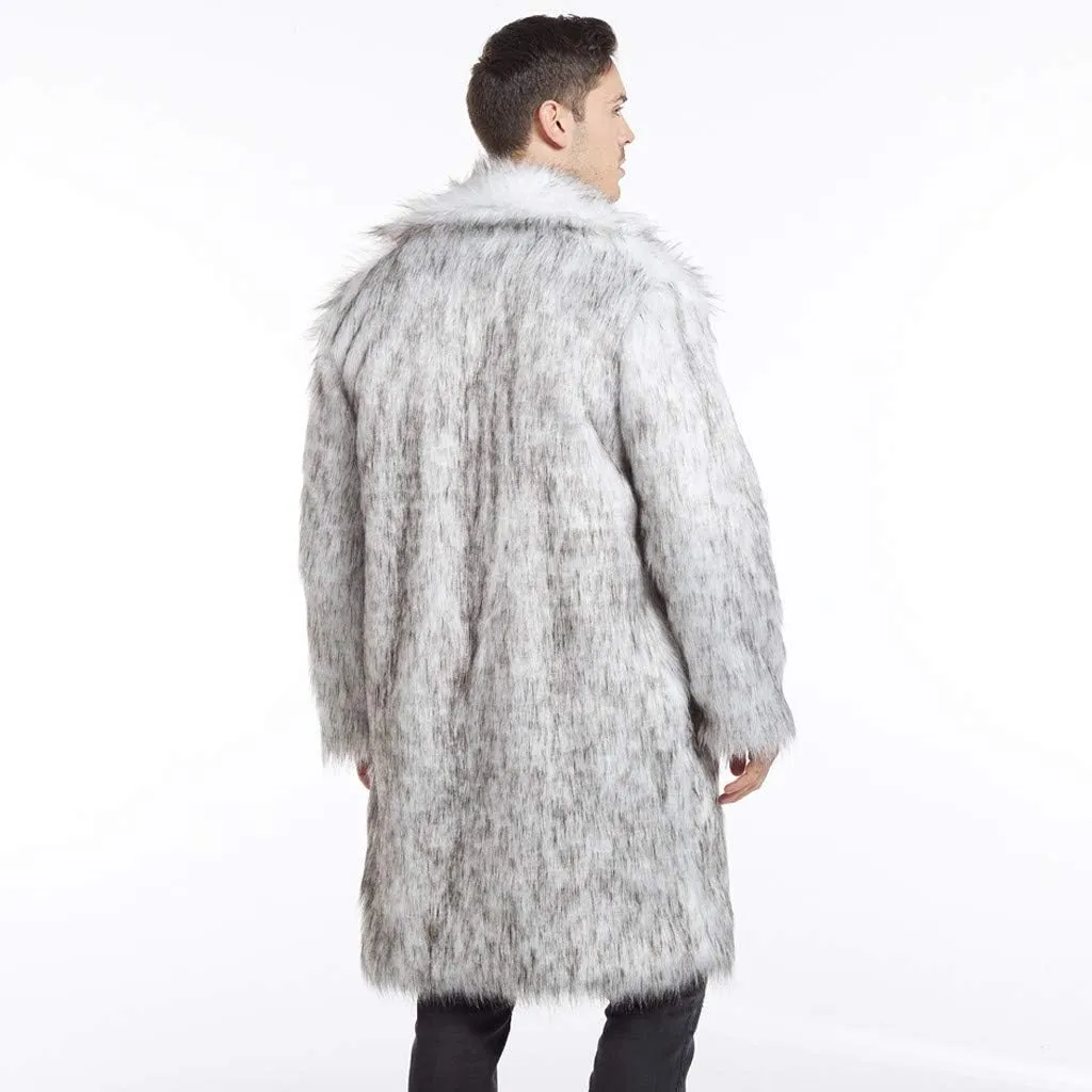 Men's Winter Faux Fur Coats Turn-Down Collar Long Jackets Warm Overcoat Open Front Furry Outerwear with Pockets