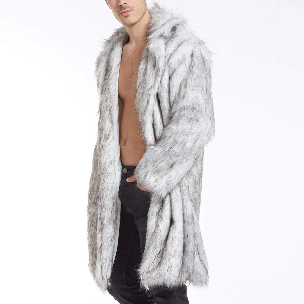 Men's Winter Faux Fur Coats Turn-Down Collar Long Jackets Warm Overcoat Open Front Furry Outerwear with Pockets