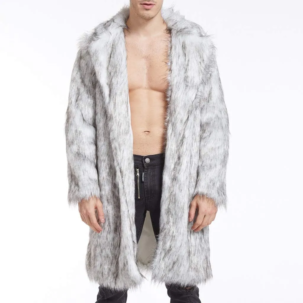 Men's Winter Faux Fur Coats Turn-Down Collar Long Jackets Warm Overcoat Open Front Furry Outerwear with Pockets